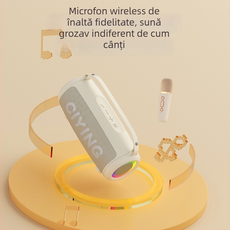 Microfon karaoke wireless cu difuzor mic încorporat — Bluetooth 5.0, 2 difuzoare, 10W, 100 Hz-20 kHz, raport semnal-zgomot ≥85 dB