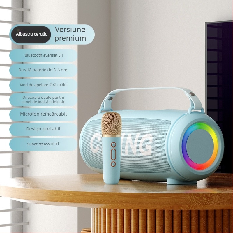 Microfon karaoke wireless cu difuzor mic încorporat — Bluetooth 5.0, 2 difuzoare, 10W, 100 Hz-20 kHz, raport semnal-zgomot ≥85 dB