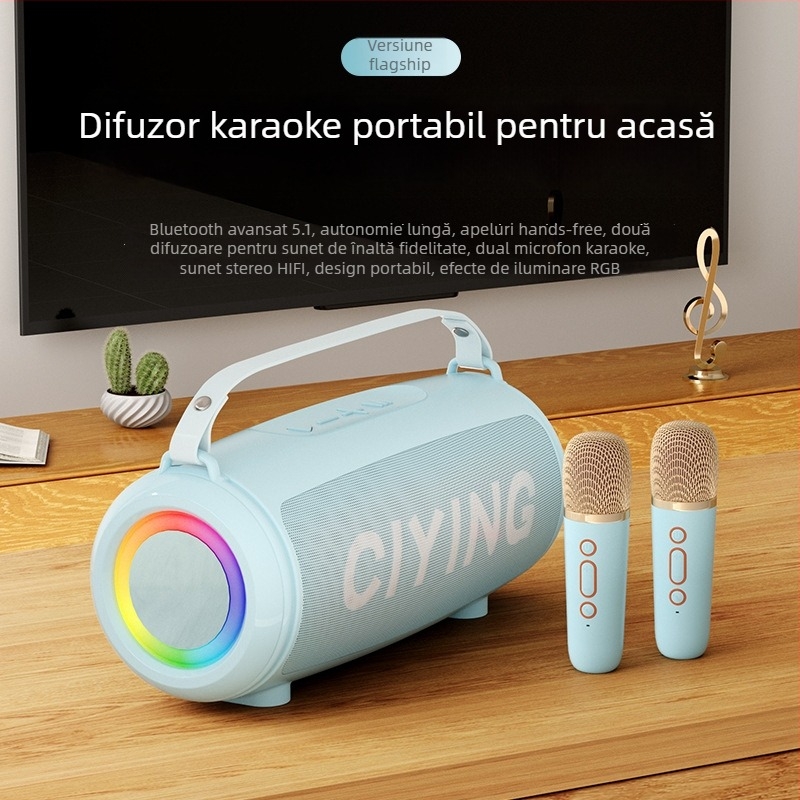 Microfon karaoke wireless cu difuzor mic încorporat — Bluetooth 5.0, 2 difuzoare, 10W, 100 Hz-20 kHz, raport semnal-zgomot ≥85 dB