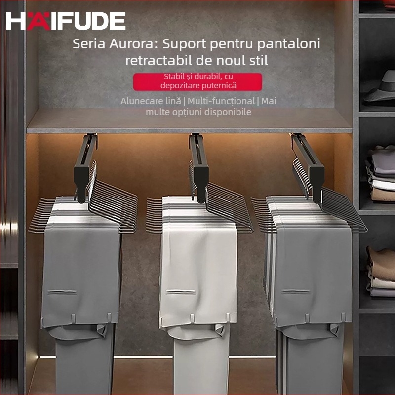 Dulap cu suport de pantaloni glisant, cu bară de haine telescopică și șină glisantă cu amortizor | Materiale: plastic, oțel inoxidabil, aliaj de aluminiu, oțel laminat la rece | Model CLKJ-1