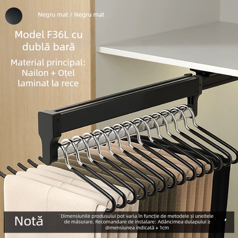 Dulap cu suport de pantaloni glisant, cu bară de haine telescopică și șină glisantă cu amortizor | Materiale: plastic, oțel inoxidabil, aliaj de aluminiu, oțel laminat la rece | Model CLKJ-1