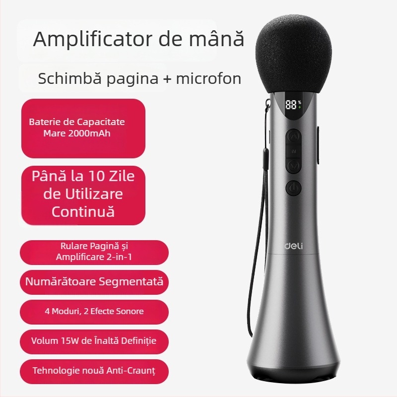 Amplificator portabil de karaoke cu microfon încorporat — model L-698, 15W ieșire, baterie detașabilă, autonomie peste 12 ore, alimentare 5V