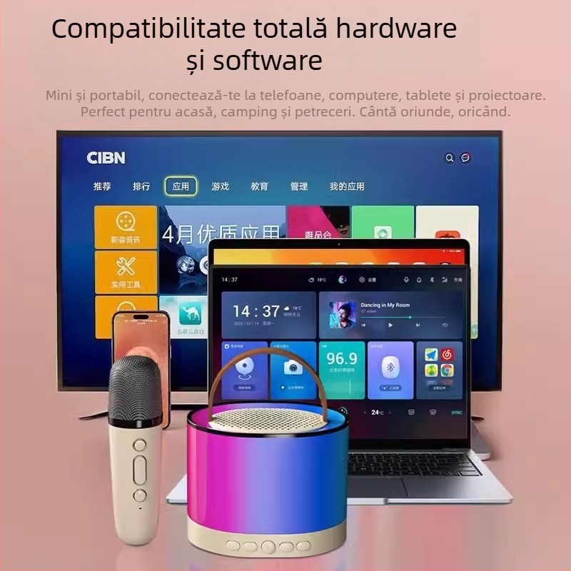 Boxă Bluetooth pentru karaoke K52 cu microfoane încorporate, duale — 5W, Bluetooth 5.0, 100Hz-20kHz, SNR 75dB, portabilă pentru karaoke acasă și în aer liber