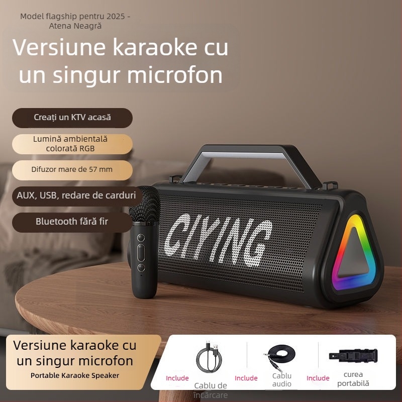 Boxă karaoke Bluetooth fără fir, puternică, cu microfon încorporat și difuzor de bas, 18W, Bluetooth 5.0, 2 difuzoare, 100Hz-20kHz, baterie încorporată 1200-2000mAh, rază de până la 10 m