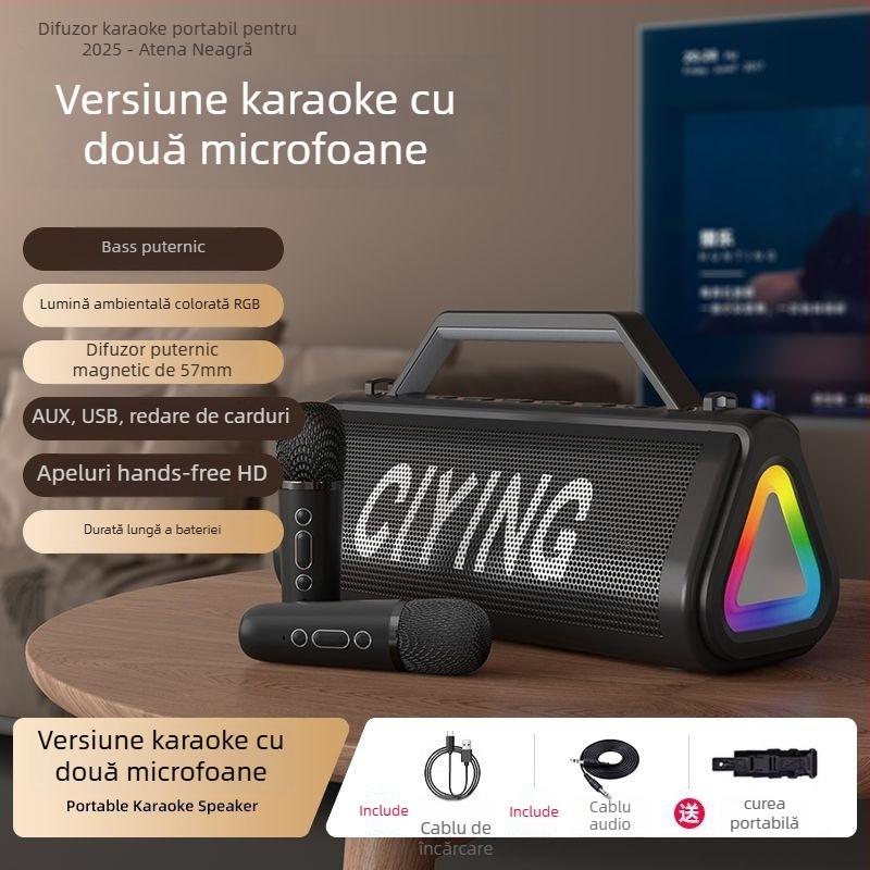 Boxă karaoke Bluetooth fără fir, puternică, cu microfon încorporat și difuzor de bas, 18W, Bluetooth 5.0, 2 difuzoare, 100Hz-20kHz, baterie încorporată 1200-2000mAh, rază de până la 10 m