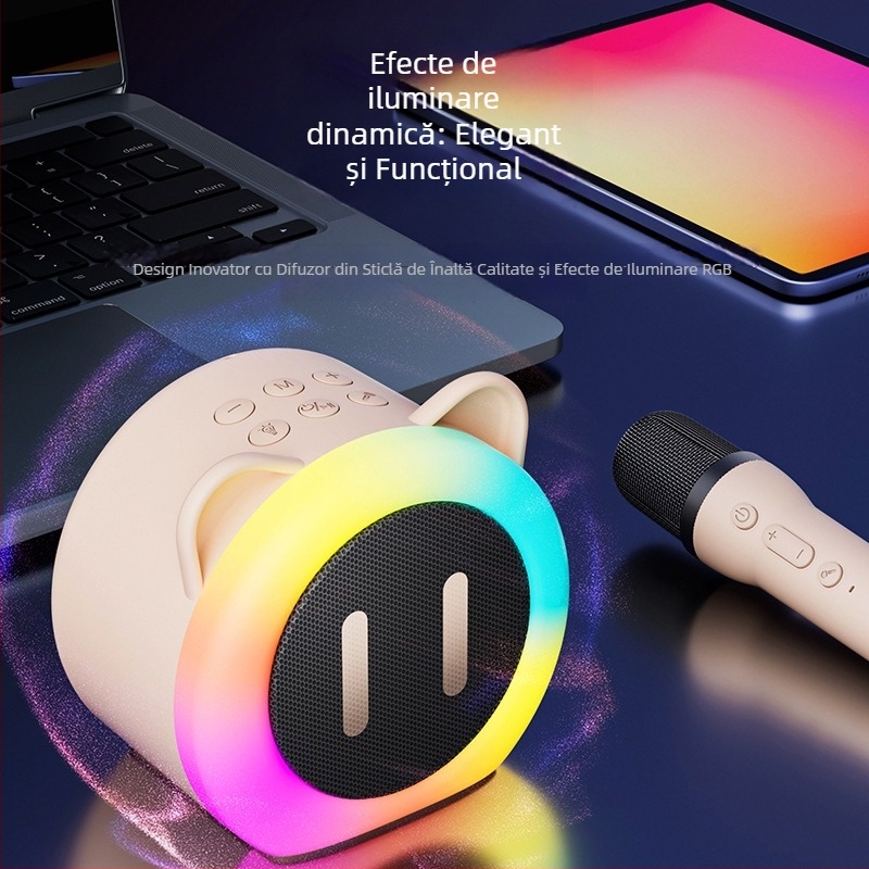 Microfon karaoke Bluetooth pentru copii – difuzor portabil (ieșire 5W, Bluetooth 5.3, baterie încorporată 1000–1200 mAh, răspuns în frecvență 100 Hz–20 kHz, rază 10 m)