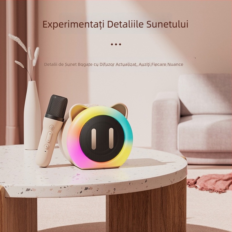 Microfon karaoke Bluetooth pentru copii – difuzor portabil (ieșire 5W, Bluetooth 5.3, baterie încorporată 1000–1200 mAh, răspuns în frecvență 100 Hz–20 kHz, rază 10 m)