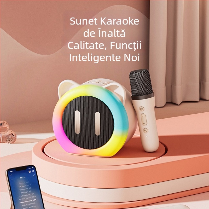 Microfon karaoke Bluetooth pentru copii – difuzor portabil (ieșire 5W, Bluetooth 5.3, baterie încorporată 1000–1200 mAh, răspuns în frecvență 100 Hz–20 kHz, rază 10 m)