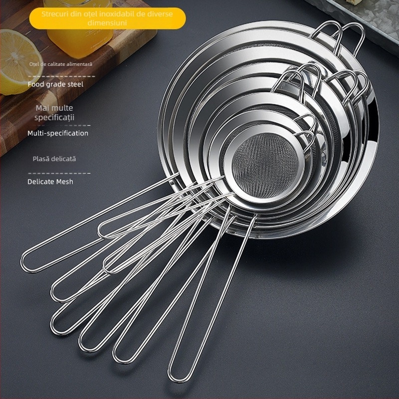 Colander din oțel inoxidabil cu plasă fină – filtru în bucătărie pentru făină, suc și lapte de soia, anti-derapare, anti-arzuri, cu cârlig unic