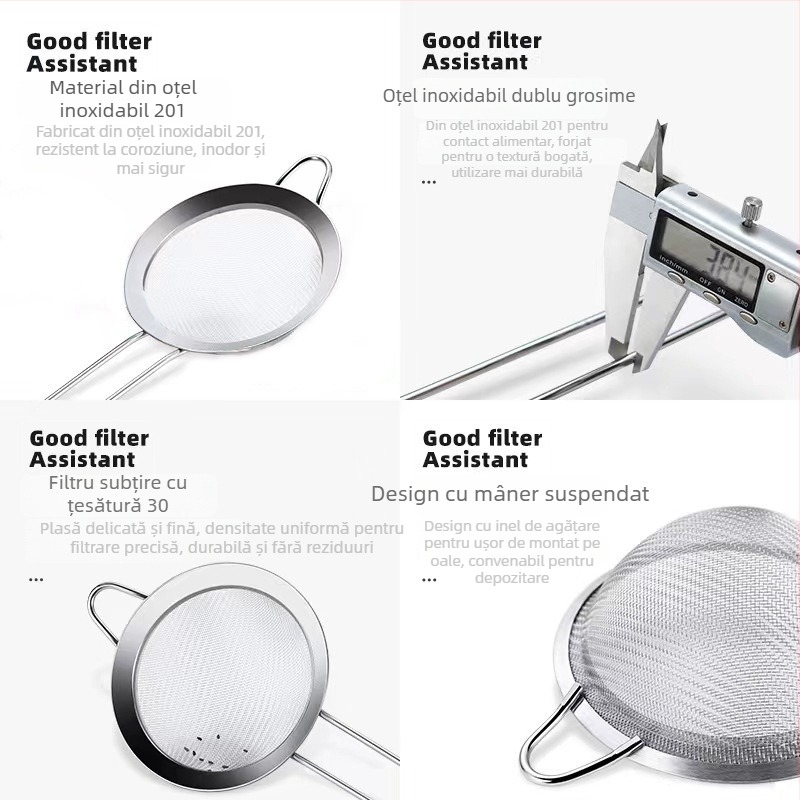 Colander din oțel inoxidabil cu plasă fină – filtru în bucătărie pentru făină, suc și lapte de soia, anti-derapare, anti-arzuri, cu cârlig unic
