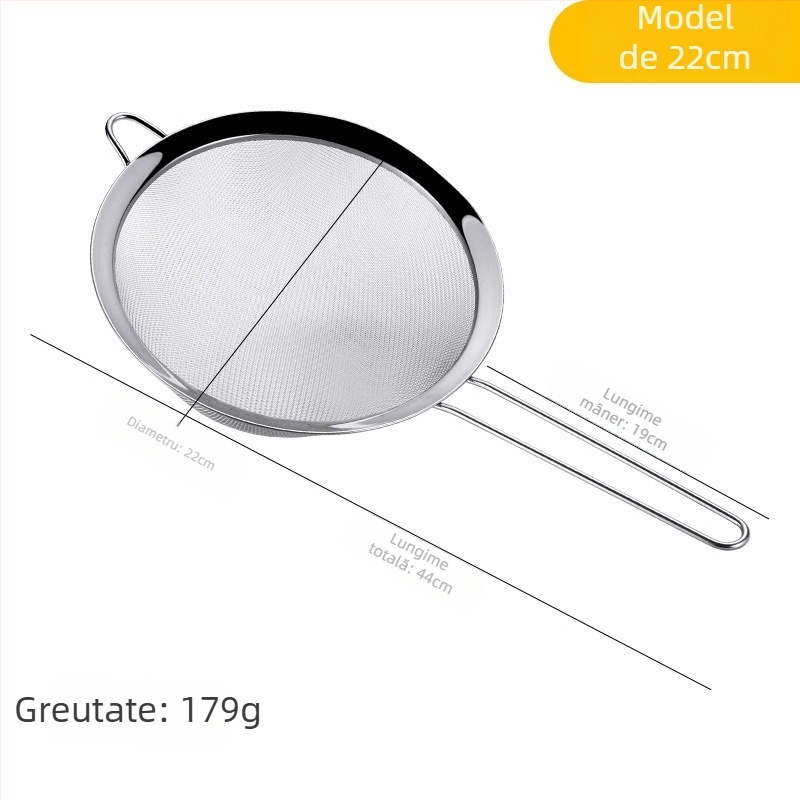 Colander din oțel inoxidabil cu plasă fină – filtru în bucătărie pentru făină, suc și lapte de soia, anti-derapare, anti-arzuri, cu cârlig unic