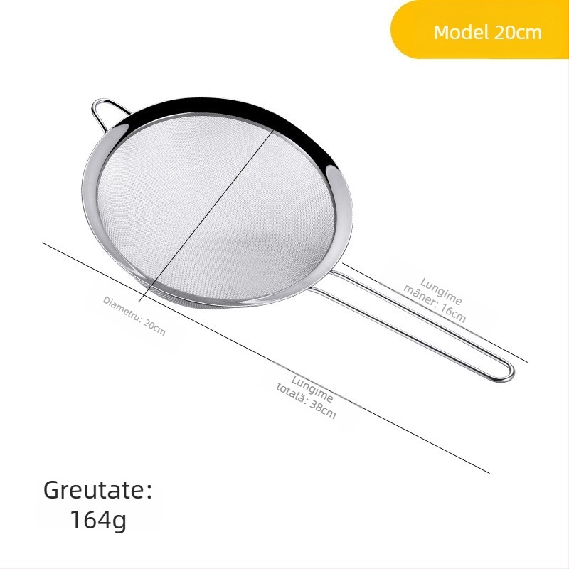 Colander din oțel inoxidabil cu plasă fină – filtru în bucătărie pentru făină, suc și lapte de soia, anti-derapare, anti-arzuri, cu cârlig unic