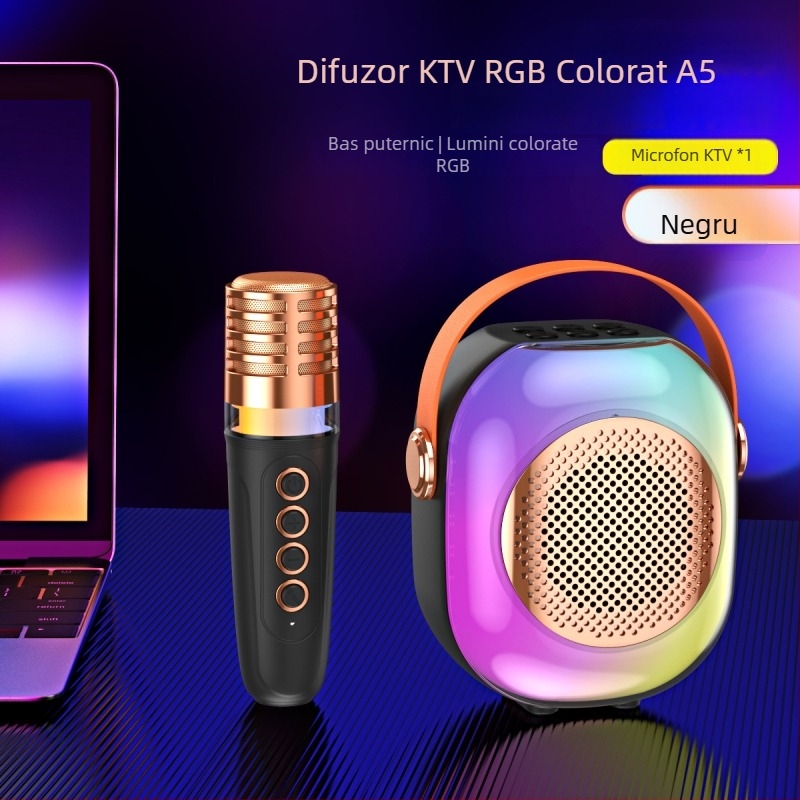 Difuzor Bluetooth cu iluminare RGB și set microfon karaoke - 5W, Bluetooth 5.3, 60Hz-15kHz, rază de acțiune 10m, baterie încorporată 1000-1200mAh