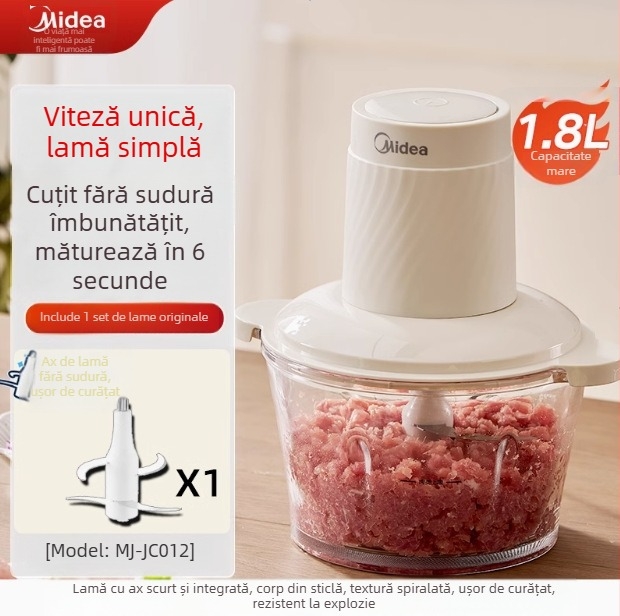 Râșniță de carne / Amestecător alimentar Midea — capacitate 1–3 L, funcție hrană pentru copii, tensiune ≤36V, viteză motor <10.000 rpm, recipient din sticlă
