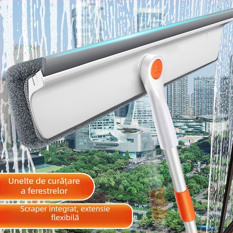 Instrument de curățare a geamului retractabil, cu două fețe, pentru ferestre exterioare înalte, utilizare casnică, corp din plastic.