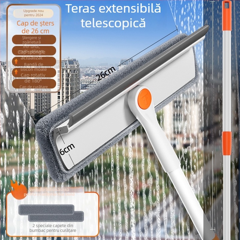 Instrument de curățare a geamului retractabil, cu două fețe, pentru ferestre exterioare înalte, utilizare casnică, corp din plastic.