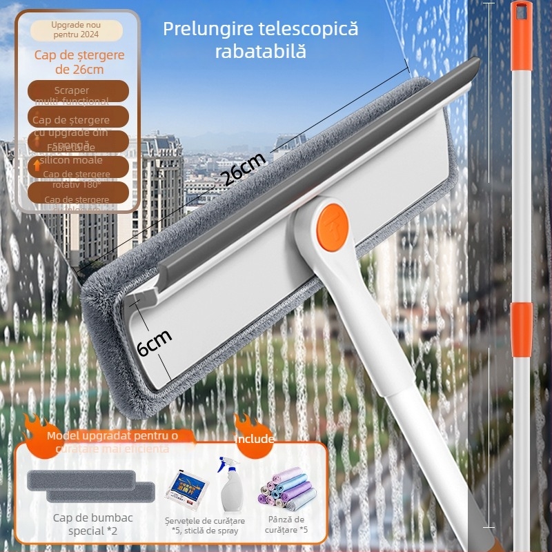 Instrument de curățare a geamului retractabil, cu două fețe, pentru ferestre exterioare înalte, utilizare casnică, corp din plastic.