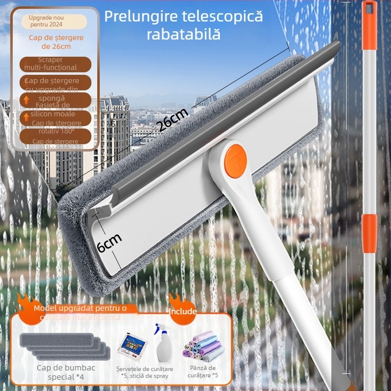 Instrument de curățare a geamului retractabil, cu două fețe, pentru ferestre exterioare înalte, utilizare casnică, corp din plastic.