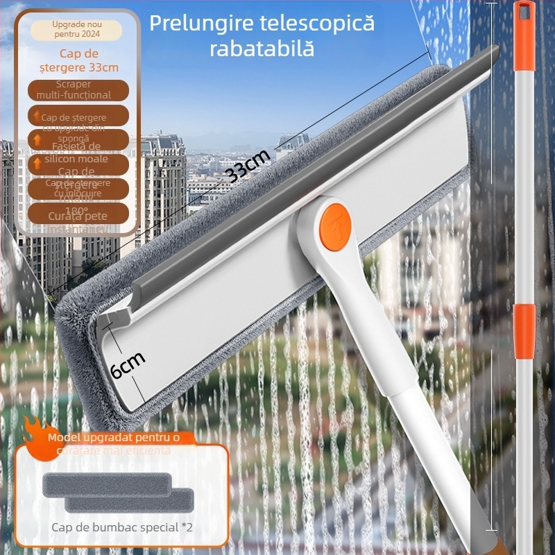 Instrument de curățare a geamului retractabil, cu două fețe, pentru ferestre exterioare înalte, utilizare casnică, corp din plastic.