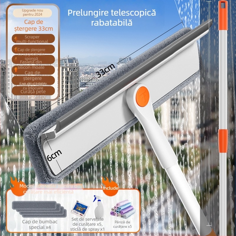 Instrument de curățare a geamului retractabil, cu două fețe, pentru ferestre exterioare înalte, utilizare casnică, corp din plastic.