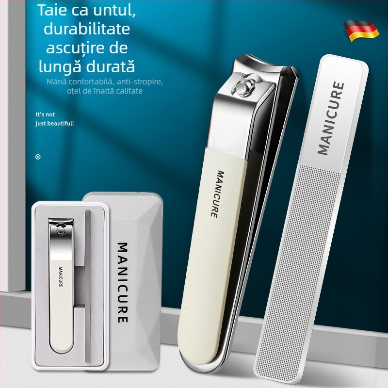 Set portabil de unghii mare, cu gură plată, pilă de unghii din sticlă în cutie – plastic + oțel inoxidabil