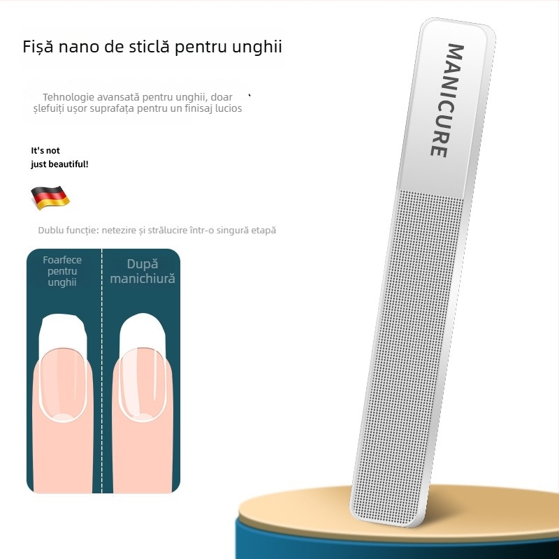 Set portabil de unghii mare, cu gură plată, pilă de unghii din sticlă în cutie – plastic + oțel inoxidabil