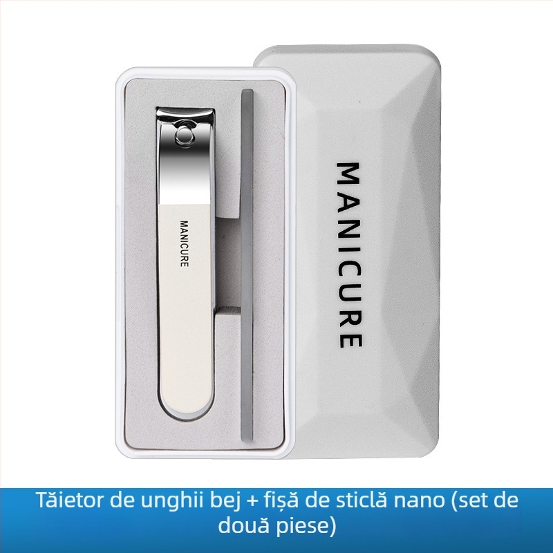 Set portabil de unghii mare, cu gură plată, pilă de unghii din sticlă în cutie – plastic + oțel inoxidabil