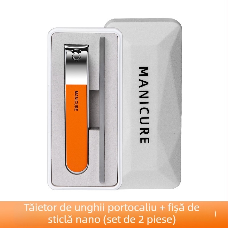 Set portabil de unghii mare, cu gură plată, pilă de unghii din sticlă în cutie – plastic + oțel inoxidabil