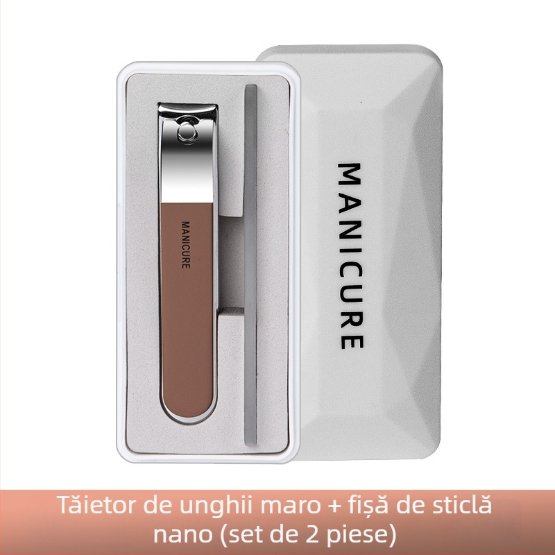 Set portabil de unghii mare, cu gură plată, pilă de unghii din sticlă în cutie – plastic + oțel inoxidabil