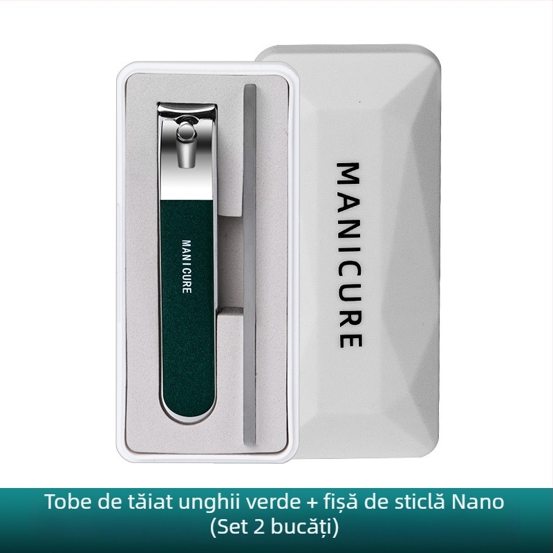 Set portabil de unghii mare, cu gură plată, pilă de unghii din sticlă în cutie – plastic + oțel inoxidabil
