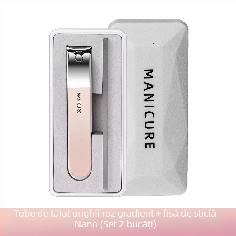 Set portabil de unghii mare, cu gură plată, pilă de unghii din sticlă în cutie – plastic + oțel inoxidabil