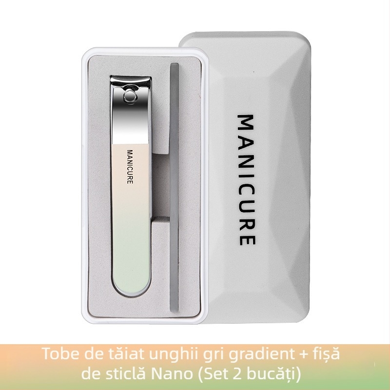 Set portabil de unghii mare, cu gură plată, pilă de unghii din sticlă în cutie – plastic + oțel inoxidabil