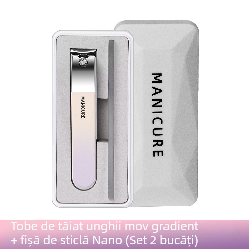 Set portabil de unghii mare, cu gură plată, pilă de unghii din sticlă în cutie – plastic + oțel inoxidabil