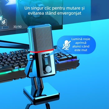 Microfon de gaming pentru desktop, cu captare cardioid dinamică, cablat, SNR ≥70 dB, pentru streaming și cursuri online