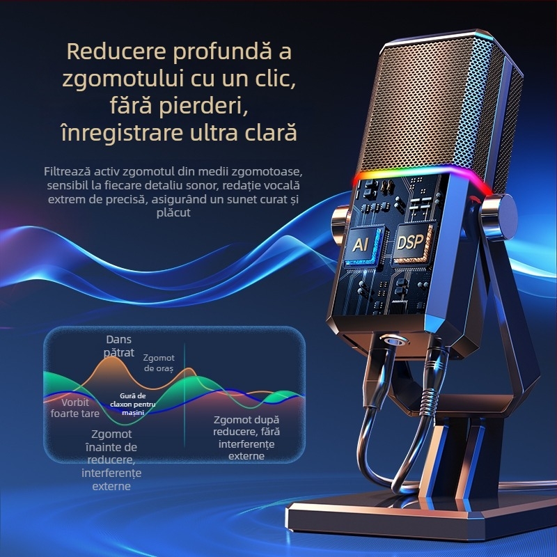 Microfon de gaming pentru desktop, cu captare cardioid dinamică, cablat, SNR ≥70 dB, pentru streaming și cursuri online