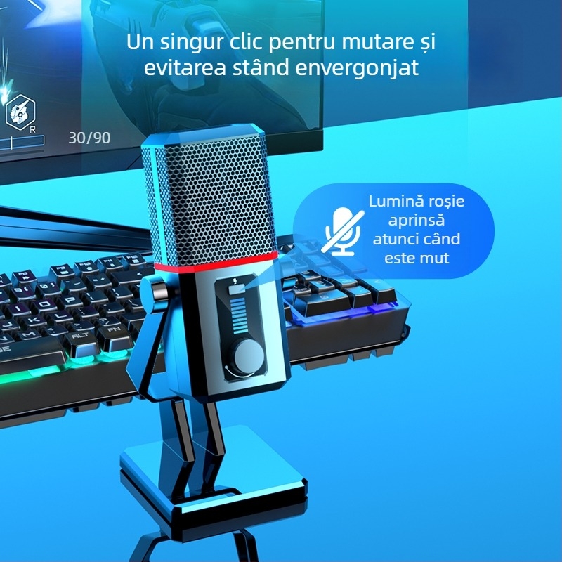 Microfon de gaming pentru desktop, cu captare cardioid dinamică, cablat, SNR ≥70 dB, pentru streaming și cursuri online