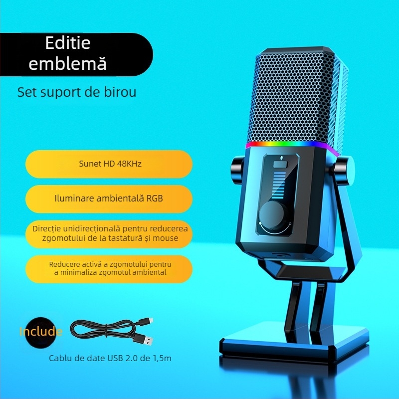 Microfon de gaming pentru desktop, cu captare cardioid dinamică, cablat, SNR ≥70 dB, pentru streaming și cursuri online