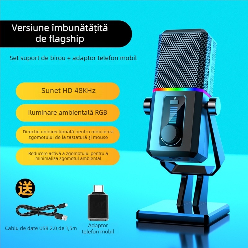 Microfon de gaming pentru desktop, cu captare cardioid dinamică, cablat, SNR ≥70 dB, pentru streaming și cursuri online