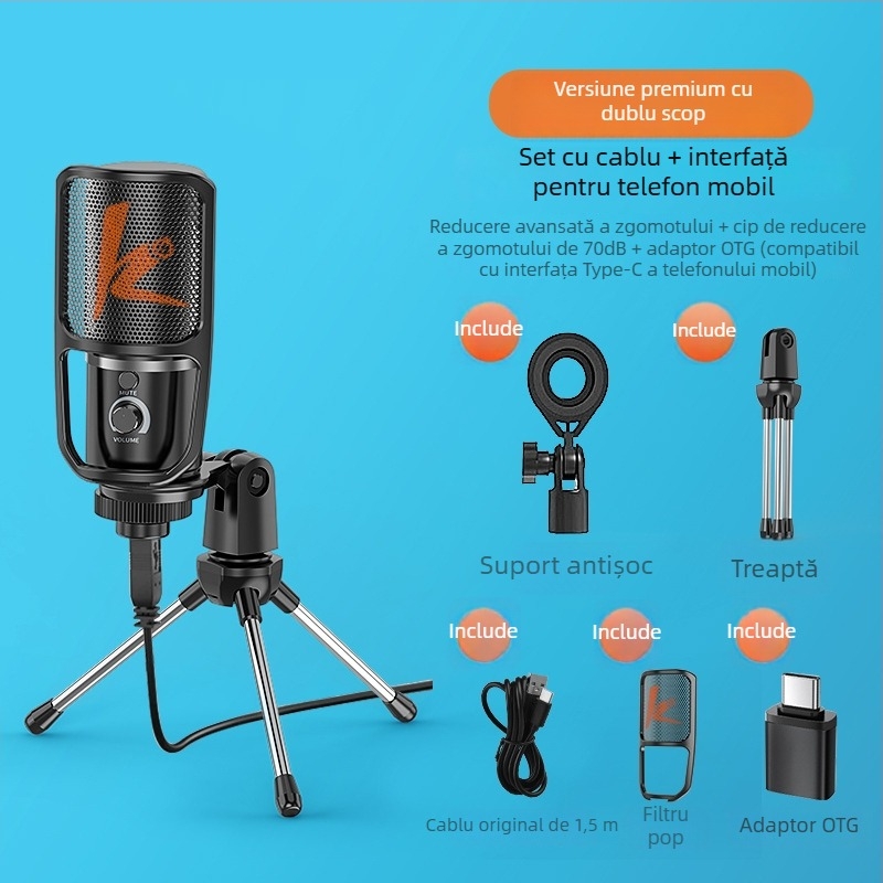 Microfon de gaming pentru desktop, cu captare cardioid dinamică, cablat, SNR ≥70 dB, pentru streaming și cursuri online