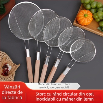 Skimmer din oțel inoxidabil 201 cu mâner din lemn, plasă mare, potrivit pentru prăjit și oală fierbinte, imprimare logo disponibil
