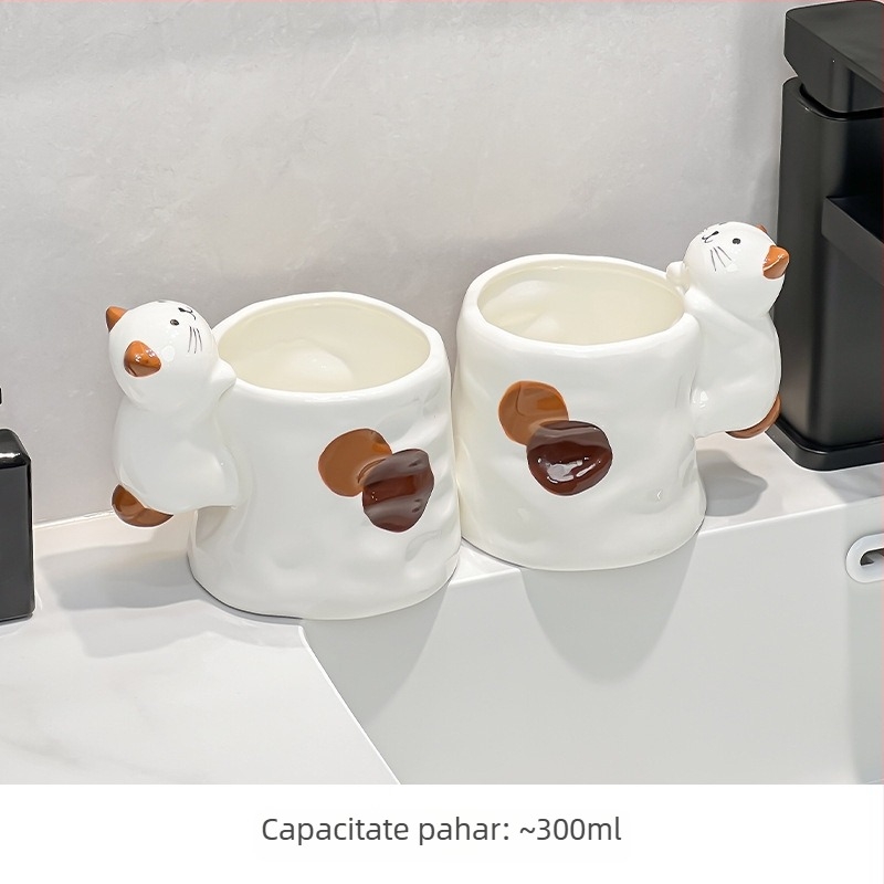 Cană ceramică pentru gură și pentru periuța de dinți, design pisică tri-color, 1 bucată, fără logo, fără personalizare