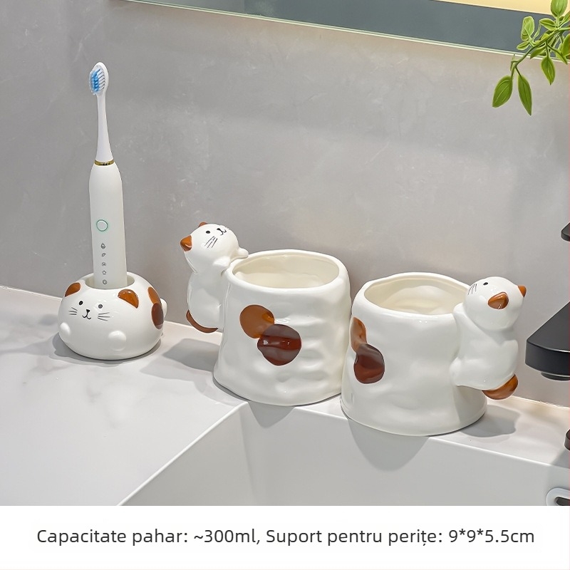Cană ceramică pentru gură și pentru periuța de dinți, design pisică tri-color, 1 bucată, fără logo, fără personalizare