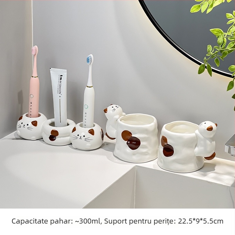 Cană ceramică pentru gură și pentru periuța de dinți, design pisică tri-color, 1 bucată, fără logo, fără personalizare