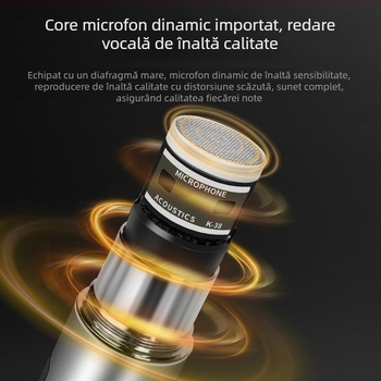 Microfon dinamic profesionist cu baterie încorporată pentru utilizare acasă și KTV; baterie 800–1000 mAh, autonomie 3–6 h, SNR ≥60 dB, putere nominală 30, direcționare selectabilă