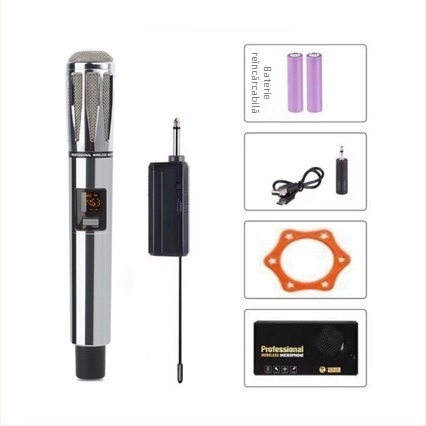 Microfon dinamic profesionist cu baterie încorporată pentru utilizare acasă și KTV; baterie 800–1000 mAh, autonomie 3–6 h, SNR ≥60 dB, putere nominală 30, direcționare selectabilă