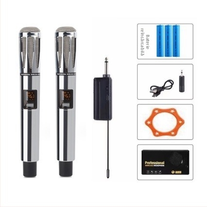 Microfon dinamic profesionist cu baterie încorporată pentru utilizare acasă și KTV; baterie 800–1000 mAh, autonomie 3–6 h, SNR ≥60 dB, putere nominală 30, direcționare selectabilă