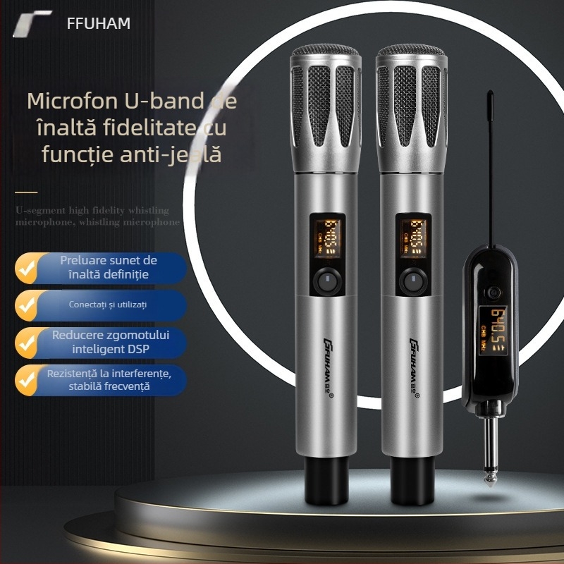 Microfon dinamic profesionist cu baterie încorporată pentru utilizare acasă și KTV; baterie 800–1000 mAh, autonomie 3–6 h, SNR ≥60 dB, putere nominală 30, direcționare selectabilă