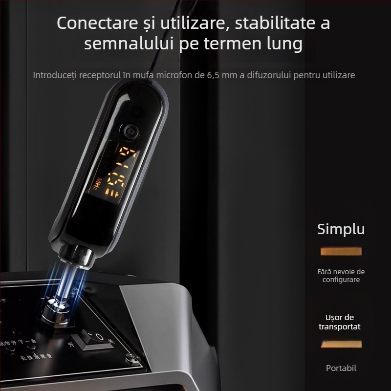 Microfon dinamic profesionist cu baterie încorporată pentru utilizare acasă și KTV; baterie 800–1000 mAh, autonomie 3–6 h, SNR ≥60 dB, putere nominală 30, direcționare selectabilă
