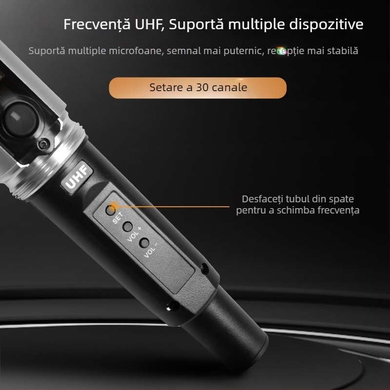 Microfon dinamic profesionist cu baterie încorporată pentru utilizare acasă și KTV; baterie 800–1000 mAh, autonomie 3–6 h, SNR ≥60 dB, putere nominală 30, direcționare selectabilă