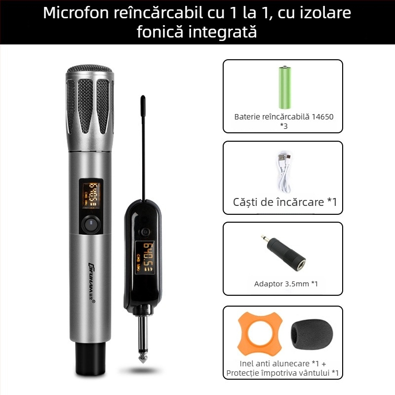Microfon dinamic profesionist cu baterie încorporată pentru utilizare acasă și KTV; baterie 800–1000 mAh, autonomie 3–6 h, SNR ≥60 dB, putere nominală 30, direcționare selectabilă